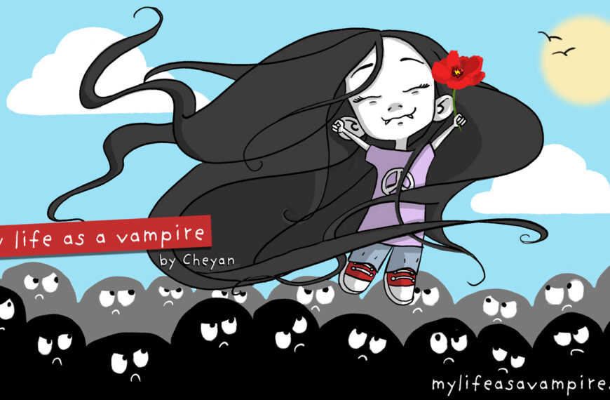 Zabeth the Vampire rises above the black silhouettes who look at her meanly, happy, to enjoy the sun and free herself from bullying