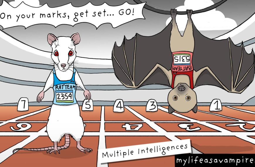 To illustrate the theory of multiple intelligences, a rat and a bat are dressed as runners and waiting to compete against each other.
